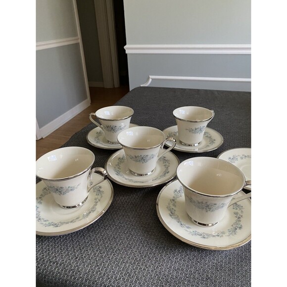 11pc Lenox “Repertoire” Platinum Trim Blue Floral Teacup Saucers 5 Complete Sets